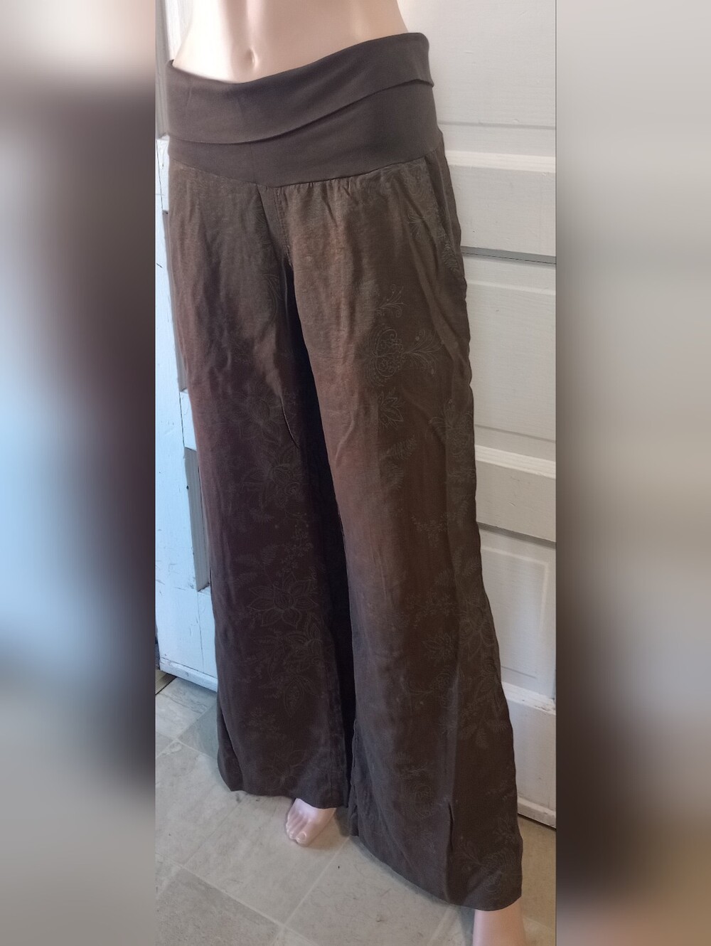 Brown Wide-Leg Floral Embossed Pants